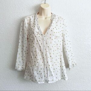 Boden size 12 Rosanna embroidered v neck gold polka dot white top three quarter